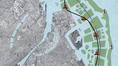 Muligt kort over København med Metro og boliger lagt ud i vandet