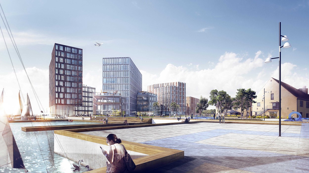Scanport visualisering med Havn, kontorer og Bryggergården